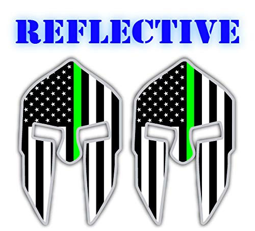 (x2) REFLECTIVE Spartan Helmet Vinyl Decals - Stickers Helmets, Hard Hats, Stealthy Black Ops American Flags (Green Line)