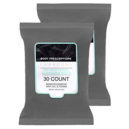 Body Prescriptions 2 Pack (30 Count Each) Charcoal Infused Facial Cleansing and Gentle Make Up Remover Wipes