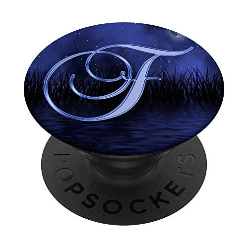 F Night Blue Dark Moon Stars Water Monogram Initial Letter PopSockets Grip and Stand for Phones and Tablets