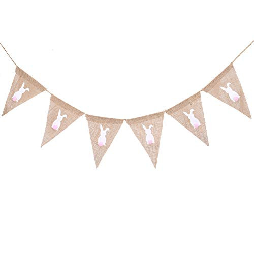 INNKER Easter Bunny Banner White Rabbit Burlap Hanging Bunting Garland for Easter Home Fireplace Decor Spring Themed Party Hanging Sign