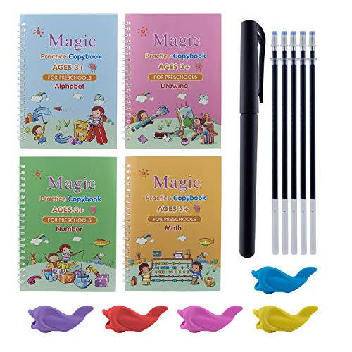 4 Pack English Practice Copybook, Magic Calligraphy Copybooks That Can Be Reused Handwriting Copybook Set with Pen Refills  and  Grips - Alphabet Drawing Number Math Learning for Preshchool Kids