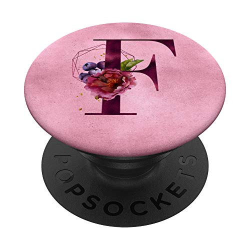 Burgundy floral initial letter F monogram on pink background PopSockets Grip and Stand for Phones and Tablets