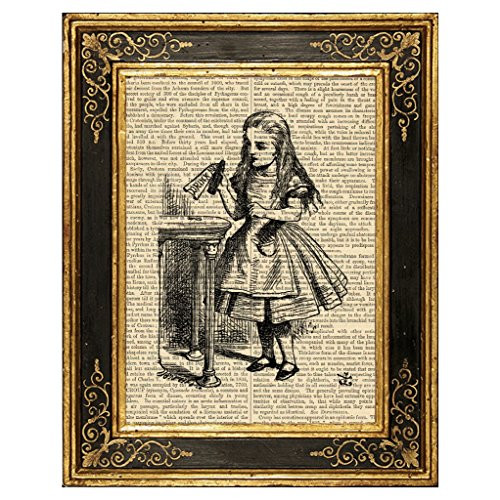 Alice in Wonderland Drink Me Upcycled Vintage Book Page Art Print 8x10 Unframed B and W