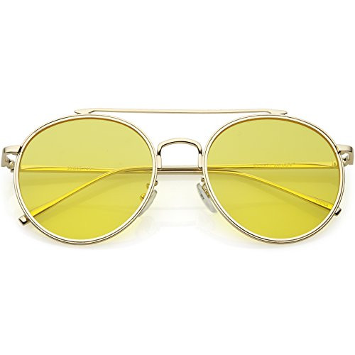 zeroUV - Modern Metal Crossbar Slim Temple Colored Flat Lens Round Aviator Sunglasses 54mm (Gold/Yellow)