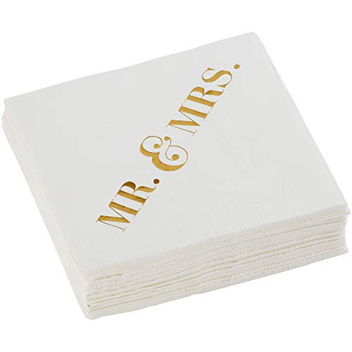 C.R. Gibson White and Gold 'Mr. and Mrs.' Beverage and Cocktail Napkins, 40pc, 5'' W x 5'' L
