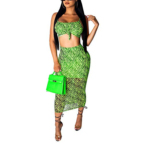 Womens Sexy Two Piece Outfits Skirt Set Print Mesh Bandage Tanks Crop Top and Midi Dresses