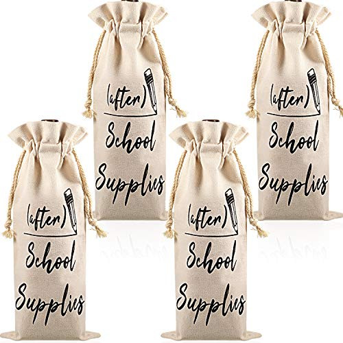 4 Packs Teacher Appreciation Gift Wine Bags After School Supplies Cotton Wine Bottle Gift Bags with Drawstring Funny Graduation Teacher Gift for Coworkers