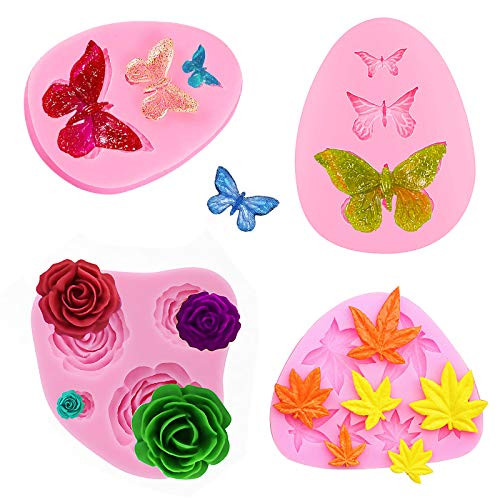 Butterfly/Weed Leaf/Rose Flower Candy Silicone Molds, 4Pcs Cake Baking Mold/Cake Fondant Mold for Chocolate Fondant Polymer Clay Soap Crafting Projects  and  Cake Decoration