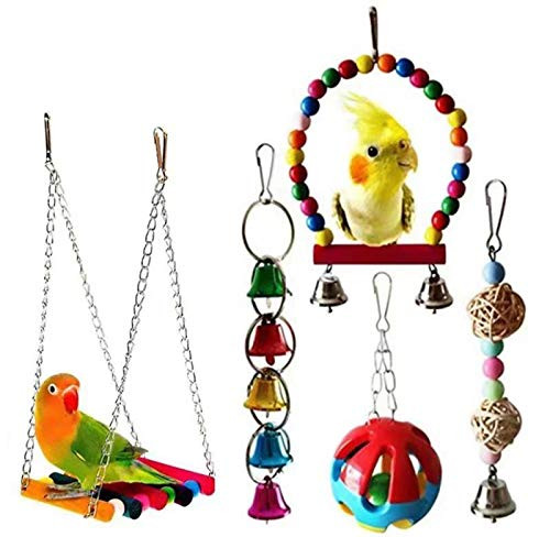 5pcs Bird Parrot Toys Hanging Bell Pet Bird Cage Hammock Swing Toy Hanging Toy for Small Parakeets Cockatiels, Conures, Macaws, Parrots, Love Birds, Finches