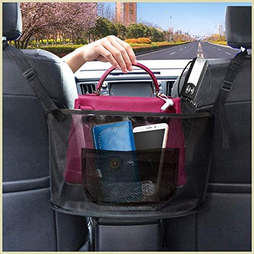 Car Net Pocket Handbag Holder Seat Back Organizer Car Mesh Organizer Storage Between Front seat For Purse Phone Documents (Black-Update)