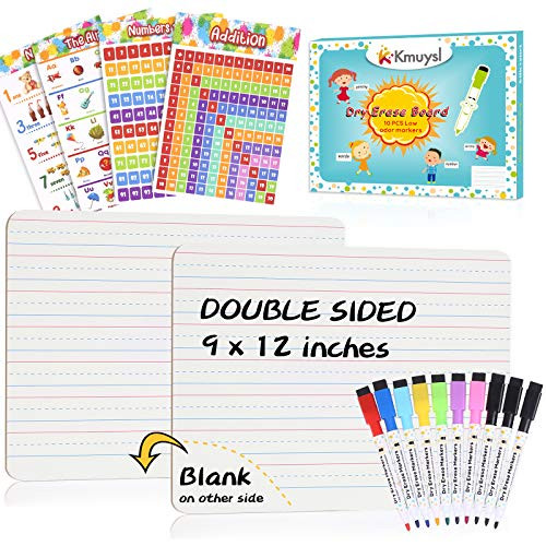 Dry Erase Board, 2 Pack Small Dry Erase White Boards 9"X12" with 10 Pcs Dry Erase Markers  and  4 Pcs Numbers Alphabet Posters, Double Sided Dry Erase Lap Board with Lines/White Board for Kids