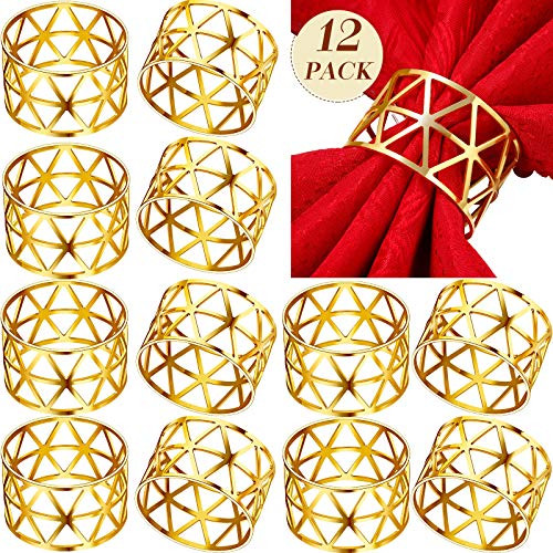 12 Pieces Hollow Out Napkin Rings Holders Napkin Ring Serviette Buckle Holder Household Metal Napkin Holder Adornment for Wedding Thanksgiving Christmas Party Dinner Table (Gold)