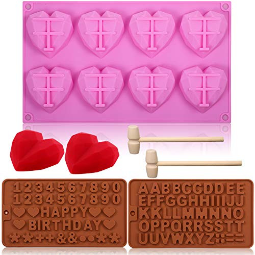 Diamond Heart Shape Silicone Mold Trays and 2 Pieces Numbers Letters Chocolate Molds with 2 Pieces Wooden Hammers for Mousse Chocolate Cake Dessert (Pink Heart)