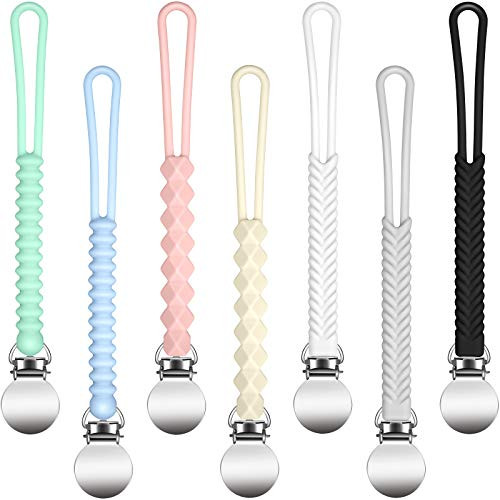 Nuanchu 7 Pieces Pacifier Clip Silicone Pacifier Strap with Clip Babies Pacifier Clips Silicone Teether Clip Pacifier Holder for Baby Boys Girls (Multicolor)