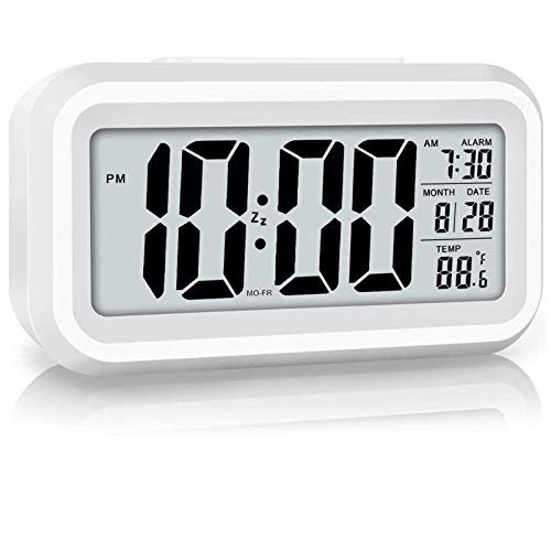 Alarm Clock for Kids, Battery Operated Alarm Clock, Easy Read Large Digital Number LCD Clock with Backlight, Date, Temperature, Snooze Function Alarm Clock for Bedroom, Office, Beside Desk (White-New)