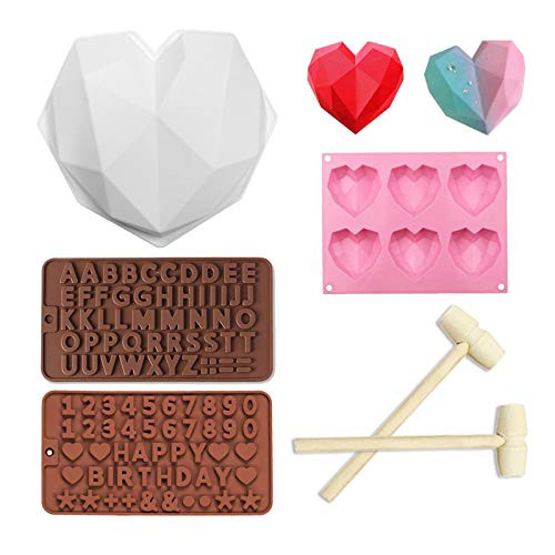 Silicone Diamond Heart Mold 8.7 Inch Diamond Heart Mousse Silicone Cake Mold Tray, 6 Cavities Heart Shaped Cake Mold Tray with 2 Wooden Hammers and 2 Pieces Chocolate Mold Letter Number Shaped Mold Silicone Diamond Heart Mold 8.7 Inch Diamond Heart Mousse Silicone Cake Mold Tray, 6 Cavities Heart Shaped Cake Mold Tray with 2 Wooden Hammers and 2 Pieces Chocolate Mold Letter Number Shaped Mold