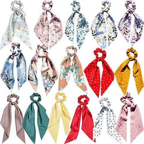 16Pcs Hair Scarf Scrunchies, Satin Silk Hair Scarves Scrunchys Bow Ribbon Scrunchy with Tails Hair Bands Hair Ties Ponytail Holder for Girls Women Hair Accessories
