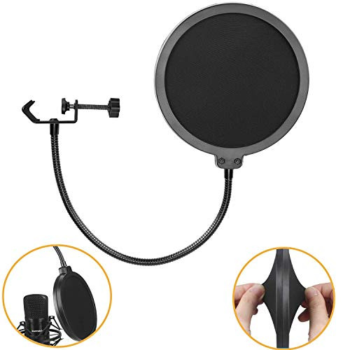Microphone Pop Filter Mask Shield For Microphone,Hamosky Dual Layered Wind Pop Screen With Flexible 360°Gooseneck Clip Stabilizing Arm