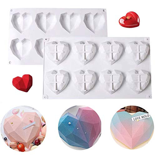 2 Pcs Heart Molds for Chocolate, 8 Pcs Diamond Geometric Heart Shaped Silicone Molds, Chocolate Mousse Dessert Baking Pan, Breakable Heart Mold for Baking, Candy, Mousse, Dessert, Cupcake and More