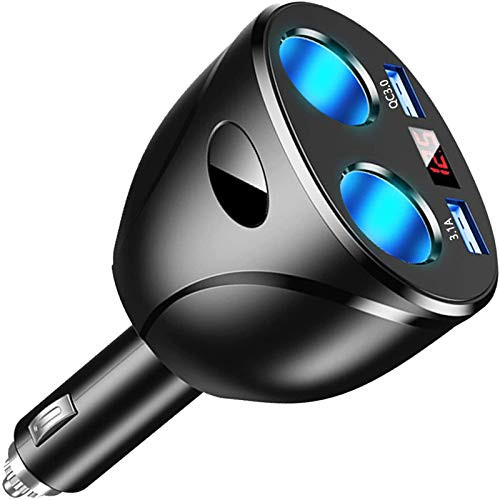 USB Car Charger Splitter Adapter, 2 Socket Cigarette Lighter Multi Power Outlet 12V/24V USB Outlet with LED Voltmeter Dual USB Port for Mobile Phone Tablet GPS Dash Cam Samsung Tomtom