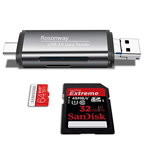 SD Card Reader, Rosonway 3-in-1 USB 3.0 Portable Card Reader Type C OTG Memory Card Adapter 2 Slots - SD, Micro SD(TF) for Laptop PC Tablets, Smartphones with OTG Function, Gray