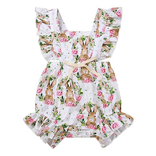Baby Girl Easter Clothes Ruffle Sleeveless Rabbit Wreath Print Romper Bodysuit Onesies My 1st Easter Outfit (Bunny, 9-12 Months)