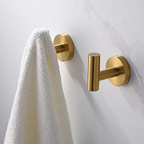 Rainovo Bathroom Towel Hook, Shower Hook Wall Mounted SUS 304 Stainless Steel, Modern Hand Towel Hook Brushed Gold, Robe Coat Clothes Hook Round for Kitchen Garage Hotel,2 Pack.