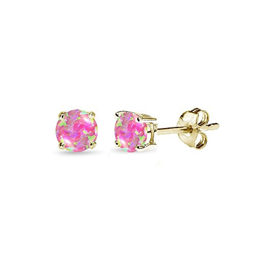 Yellow Gold Flashed Sterling Silver Synthetic Pink Opal 4mm Round-Cut Solitaire Stud Earrings