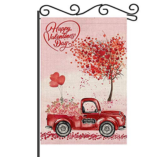 ÖSSZEFUT Valentine's Day Pink Rose in The Car Garden Flags Vertical Double Sized, 12 x 18 Inch Valentine's Day Burlap Yard Flag Holiday Anniversary Wedding Mother's Day Yard Outdoor Decoration