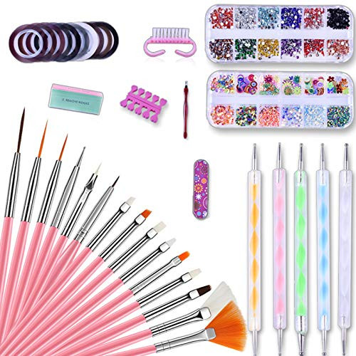 Nail Art Brush Set YUTOU 37 PCs DIY Decoration Nail Art Kits with Nail Brushes Dotting Pens Striping Tapes Nail Tools Manicure Tools 3D Color Rhinestones Nail Art Supplies for Girls Women