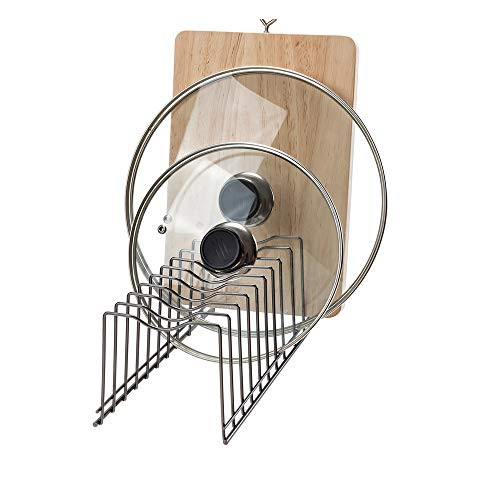 Slideep Pot Lid Organizer Rack, Kitchen Organizer for Plates, Cutting Boards Bakeware, Cooling, Pots, Pans, Serving Trays, Pan Lids Holder Rack Nickel