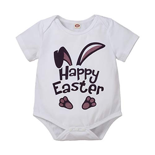 Newborn Easter Onesie Baby Boys Girls Happy Easter Bunny Short Sleeve Bodysuit Romper (White, 9-12 Months)