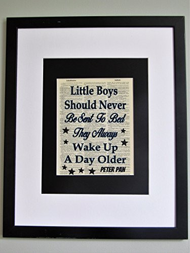 Little Boys Should Never Be Sent To Bed Peter Pan Quote On Upcycled Vintage Dictionary Page Wall Decor Nursery Decor