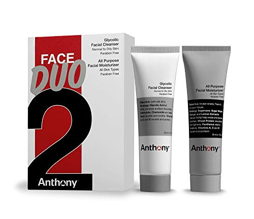 Anthony Face Duo Kit, Includes Glycolic Facial Cleanser 1 Fl Oz, and All Purpose Facial Moisturizer 1 Fl Oz, Contains Natural AHA's, Vitamins A, C and E, Cleanses, Smoothes, Tightens, Moisturizes, Nourishes, and Protects Your Skin