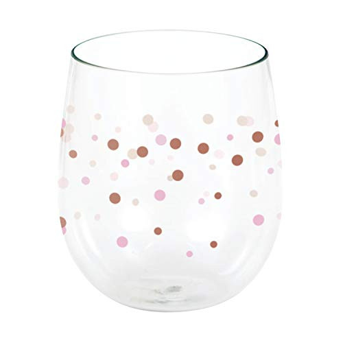 Creative Converting Rose All Day Polka Dots Plastic Stemless Wine Glass, 14 oz, Clear