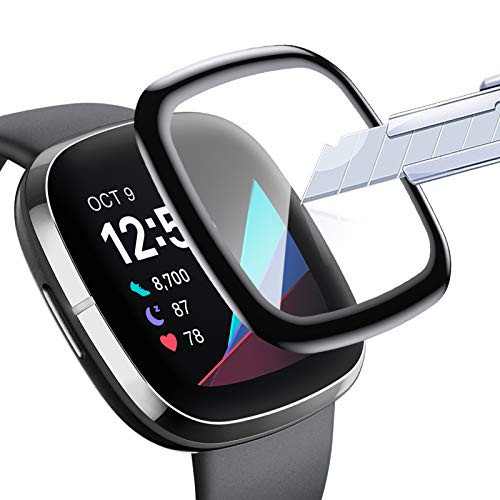 QIBOX Screen Protector Compatible with Fitbit Sense/Versa 3, 2-Pack Full Coverage 3D Curved Edge Waterproof Protective Screen Cover for Sense Advanced Smartwatch Scratch-Resistant Bubble-Free