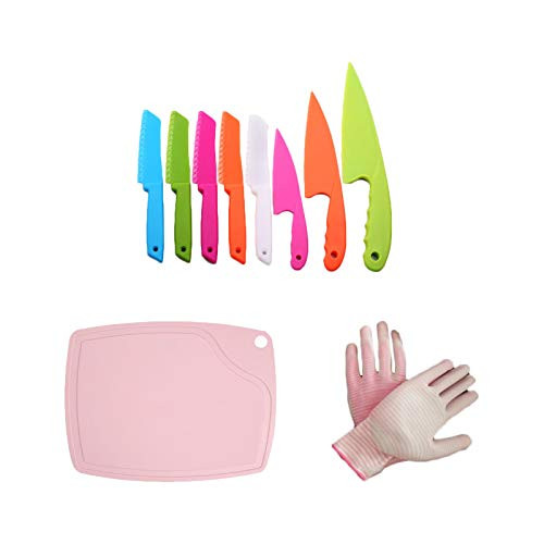6 Piece Set Kid Safe Knives Sets, Plastic kids knives cooking safe, with Cutting Board and Gloves, Lettuce knife for Lettuce Salads (Blue, Rose, White, Orange, Green)