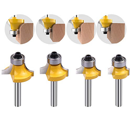 SUSOTA 1/4 Shank Carbide Roundover Router Bits Set, Top Bearing Router Corner Rounding Edge-Forming Bits, 5/16", 3/16", 1/4", 1/8" Radius 4Pcs