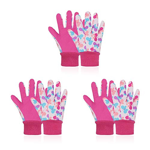 3 Pairs Kids Gardening Gloves for Age 5-8, Cotton Garden Working Gloves for Boys Girls, Soft Children Garden Gloves (S (Age 5-6), Pink 3 Pairs)