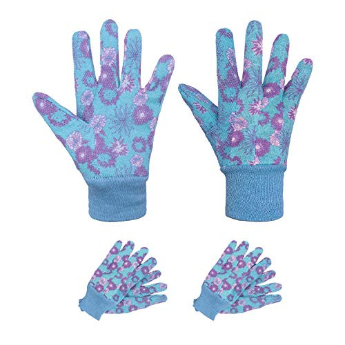 3 Pairs Women Gardening Gloves, Cotton Floral Printing Jersey Garden Gloves with PVC Grip Dots, Work Gloves for Ladies (Large, Blue)