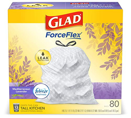 Glad Tall Kitchen Drawstring Trash Bags - OdorShield 13 Gallon White Trash Bag, Febreze Mediterranean Lavender - 80 Count