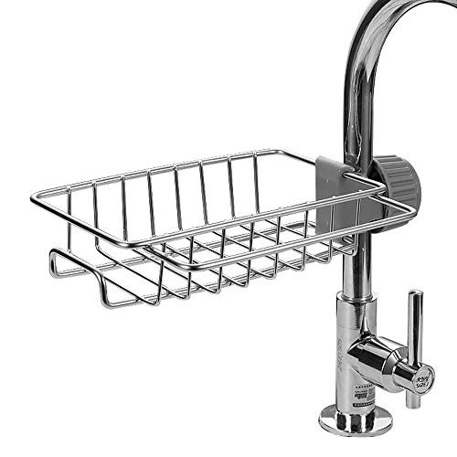 Sink Caddy Organizer, tik tok Kitchen Faucet Sponge Holder Drainer Caddy for Dishwashing, Stainless Steel Faucet Storage Rack Hanging Shelf Soap Sponge Storage Rack, Holder Faucet Sponge Hanging