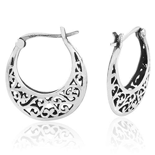 MIMI 925 Sterling Silver Bali Inspired Filigree Round Hoop Earrings MIMI 925 Sterling Silver Bali Inspired Filigree Round Hoop Earrings