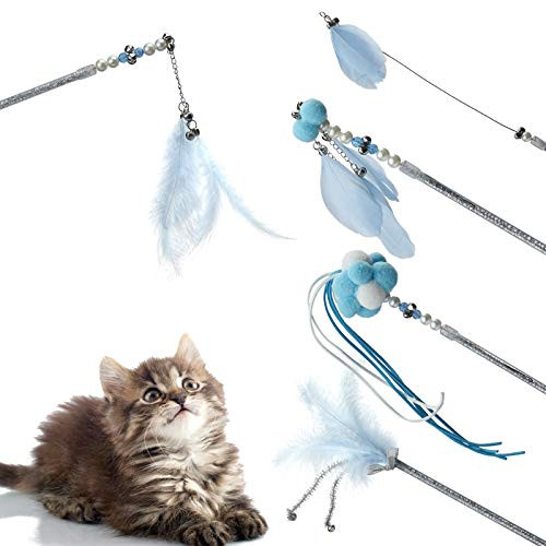 5pcs Cat Wand Toys Interactive Cat Feather Wand, Kitten Toys Fun Cat Wand Toy with Bell, Balls, Feather and Tassel, Cat Toys for Kitten Old Cat Having Fun Exerciser Playing