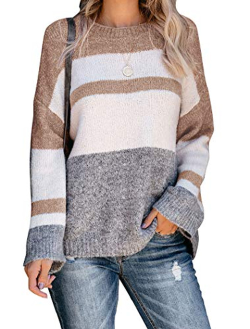 PRETTODAY Women's Color Block Knit Sweaters Long Sleeve Crew Neck Knit Pullovers Casual Jumper Tops Khaki