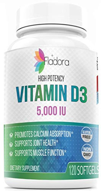 High Potency Vitamin D3 5000 IU One A Day Vitamin Supplement (Supports Joint Health, Strong Bones  and  Immune Health) 120 Softgels, Non-GMO, Gluten-Free, 125mcg