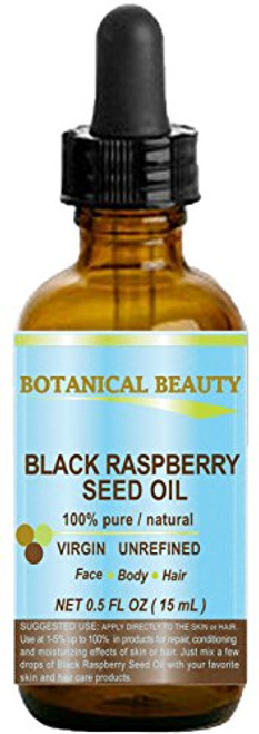 BLACK RASPBERRY SEED OIL. 100 percent Pure / Natural / Undiluted / Virgin / Unrefined / Cold Pressed Carrier oil. 0.5 Fl.oz.- 15 ml. For Skin, Hair, Lip and Nail Care. One of the highest antioxidants, rich in vitamin A and E, Omega 3, 6 and 9 Essential Fat