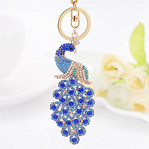 Axmerdal Fashion Metal Crystal Rhinestone Animal Peacock Keyring Handbag Backpack Wallet Car Charm Pendant Key Chain Gifts for Girls Women (Blue)