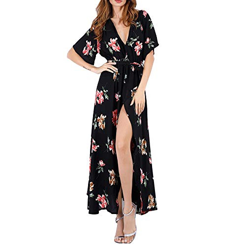 PamerCamel Women's Summer Casual Short Sleeve Floral Print Maxi Dresses? V Neck Split Beach Party Long Dress (A04-Red Flower Black, Small)