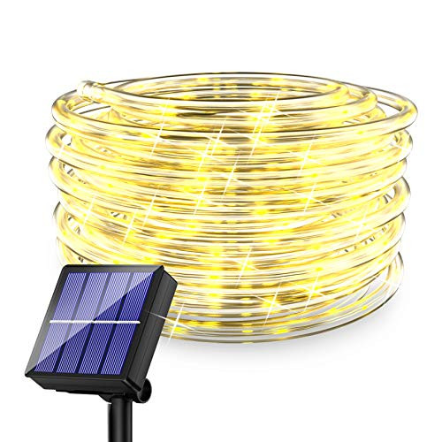 Outdoor Rope Lights Solar Powered -40FT 100 LED Tube Light 8 Modes Solar String Rope Light Waterproof for Garden Patio Fence Balcony Backyard Porch Party Christmas Tree Decoration (Warm White, 1 Pack)